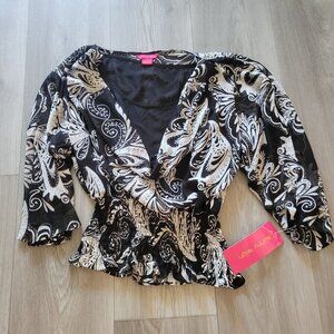 Sunny Leigh Womens Black & White Paisley Blouse Top S NWT